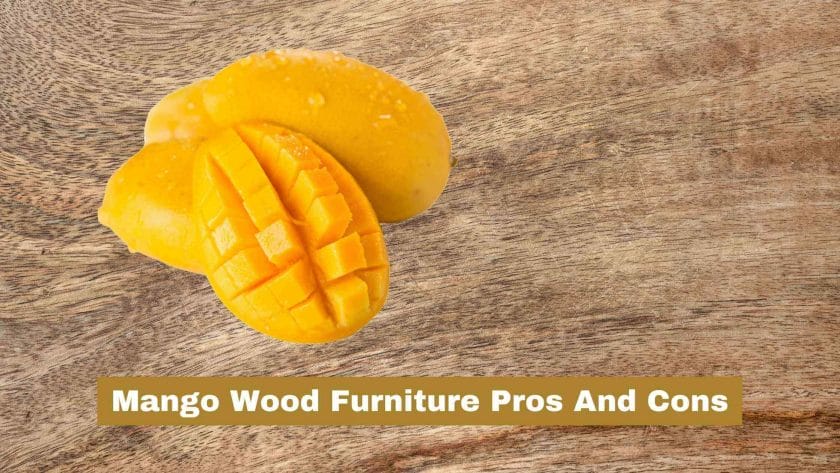 Photo of a mango wood cut with mango fruit on top. Mango wood furniture pros and cons.