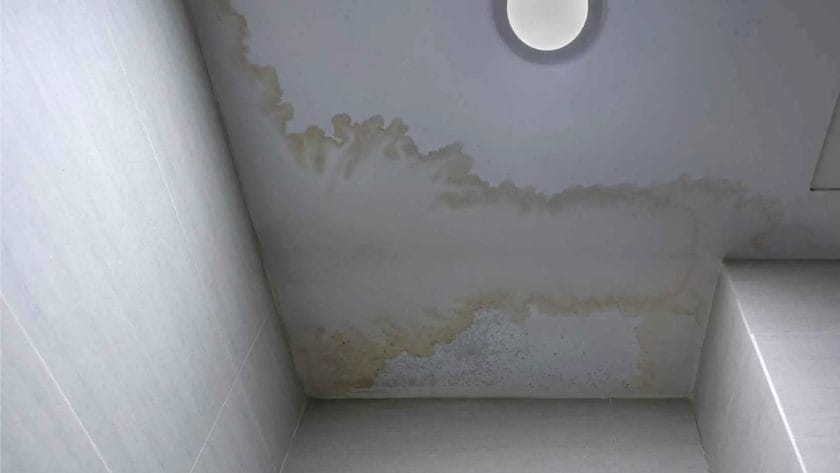 Photo showing a ceiling with a big condensation spot. Condensation on the Ceiling