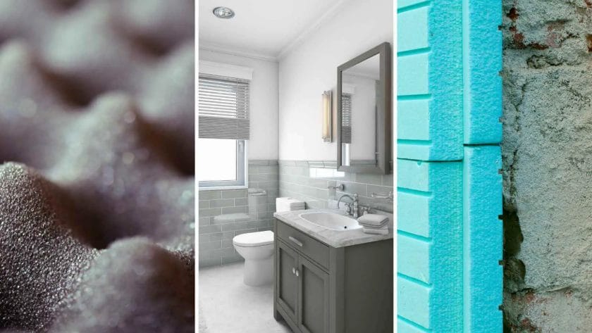 This image shows three different photos. The first is a soundproof foam acoustic panel, the second is a bathroom and the third is acoustic and insulation blue styrofoam. How to Soundproof a Bathroom?